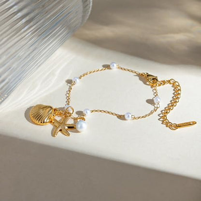 Dainty Shell Starfish Bracelet Anklet Charm Pearl Beads Seashell Gold-Tone Plated Stainless Steel Boho Anklet Foot Jewelry for Women Fashion boho Summer Beach Accessories Eternity Gift Valentine's Day