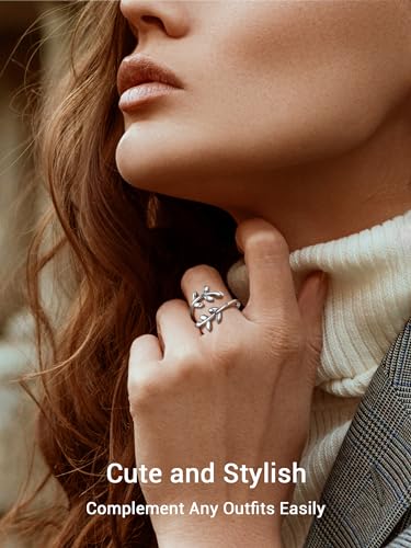 PROSILVER 925 Sterling Silver Adjustable Open Ring for Women, Solid Sterling Silver Stackable Ring, knuckle Finger Ring, Pinky Ring, Come with Box - style: 07 Olive Branch