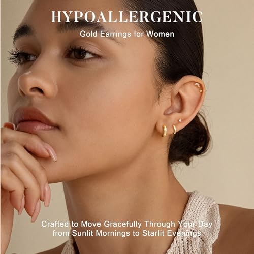 Turandoss 8 Pairs Gold Stud Hoop Earrings for Women | 14K Gold Plated Small Huggie Hoop Earrings, Flat Back Cartilage Earring Stacks Set, Multiple Piercing, Hypoallergenic - color: 14K Gold Plated