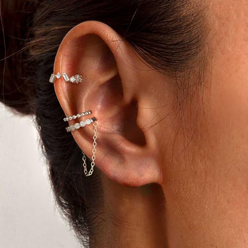 Ear Cuff Earrings for Women Non Piercing,Dainty 14K Gold Plated Chain Cartilage Earrings Set Gold Statement Cuff Earring Stack Fashion Cartilage Earrings for Women Trendy Gold Jewelry - color: ear cuff2-Silver