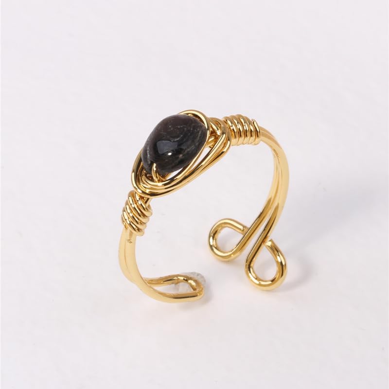 Chakra Crystal Ring Adjustable Gemstone Rings Wire Wrapped Irregular Crystal Ring Gemstone Carnelian Rose Quartz Amethyst Evil Eye Tiger Eyes Crystal Ring for Women - color: Black
