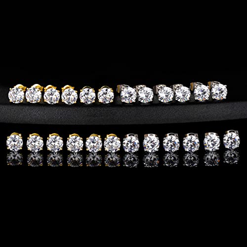MDFUN Hypoallergenic CZ Stud Earrings Set for Women/Men,6 Pairs 18K Gold Plated Round 3-8mm Clear Cubic Zirconia Earring Pack Jewelry Gift - color: White and Yellow gold-3mm-12 pairs