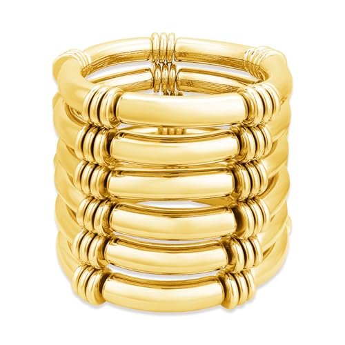 YBMYCM 5PCS Gold Chunky Bangles Bracelets for Women | 14k Gold Plated Stackable Layered Curved Bamboo Tube Stretch Bracelets Bangle Gift Jewelry - color: 6pcs G