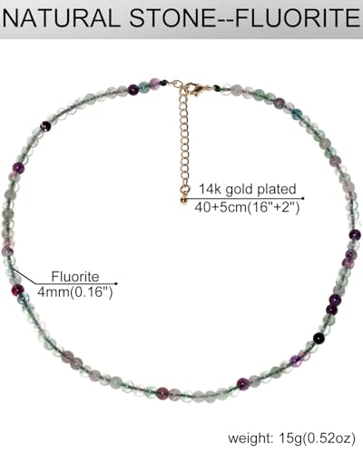 Simple 4mm Gemstones and Crystals Choker Necklace Unisex 16"-18" | Necklaces for Women Men, Adjustable, 40-45 cm Chain Length, Handmade, Spiritual Gemstones, Positive Energy, Daily Wear - style: Fluorite