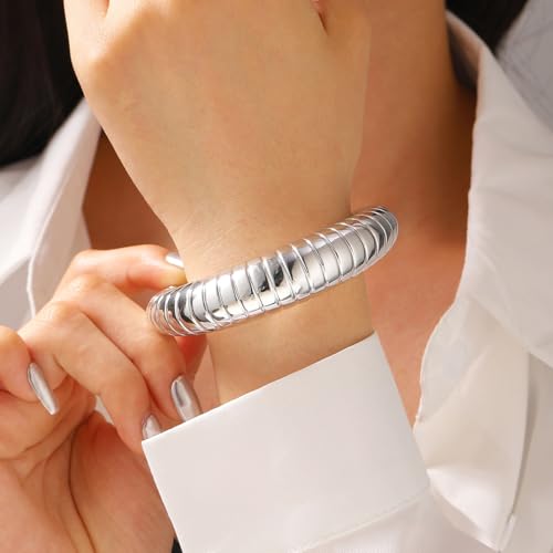 Chunky Geometric Textured Open Cuff Bangle Bracelet for Women Men Trendy Hammered Statement Cuff Bracelet Spiraled Oval Charm Cuff Bracelet Jewelry Gifts - color: Silver