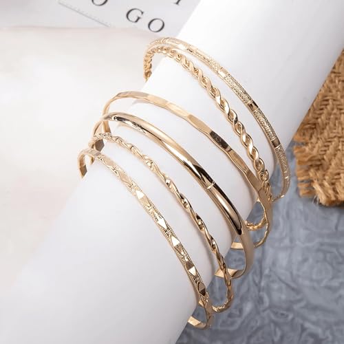 6 Pcs Gold Plated Bracelet Set for Women: Bangles, Cuffs & Dainty Chains | 14K Mixed Stackable Bracelets for Layered Look, Complete Jewelry Collection Gift - color: Color1