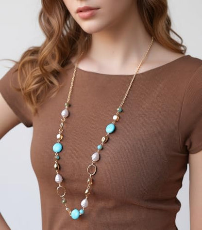 Long Gold Necklaces for Women Trendy Beaded Chain Necklace Chunky Costume Jewelry Gifts for Her - color: Turquoise