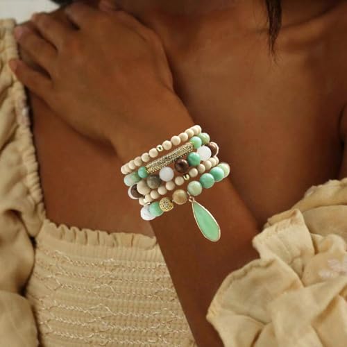 Yomisa Boho Beaded Bracelets/Bangle for Women,Multilayer 5/6/7PCS Healing Natural Handmade Stone Bead Bracelets Stackable Stretch Friendship Beaded Bracelet Set Trendy Western Bohemian Jewelry Gift - color: 5pcs-Beige&green