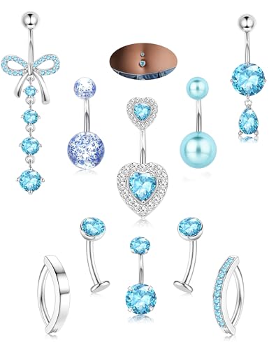 JeryWe Hypoallergenic Belly Button Ring Surgical Stainless Steel - Dainty Dangle Navel Piercing Jewelry CZ Bow Heart Ball Pearl Clicker Piercings for Women - color: Blue