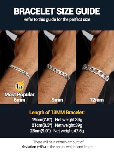 PROSTEEL Bracelets for Men, Figaro/Cuban Mens Bracelet, Silver/Gold/Black | 6/9/13mm Width, 7.5/8.3/9" Length, Stainless Steel Mens Bracelet, Durable & Non Tarnish, Chunky Jewelry with Gift Box - style: G 13mm-Cuban-Silver