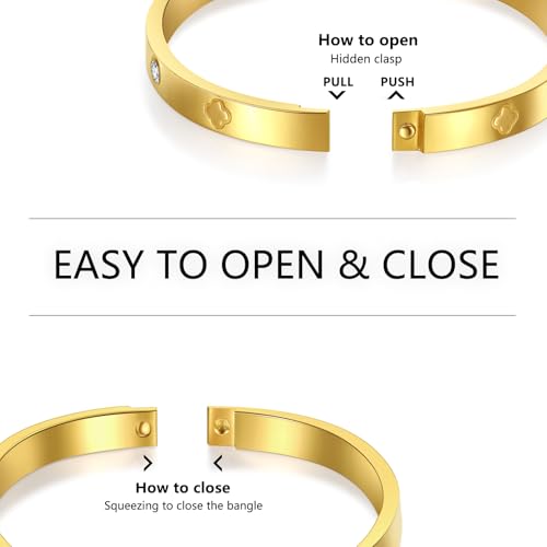 Friendship Love Bracelet for Women, 18K Gold Plated Titanium Steel Cuff - color: Gold, size: Clover 7''