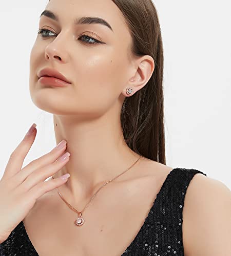 Bridesmaid Bride Wedding Jewelry Set - Round Cubic Zirconia | Earrings Necklace Bracelet Set, Hypoallergenic Prom Party Jewelry Gift for Her - color: Rose Gold
