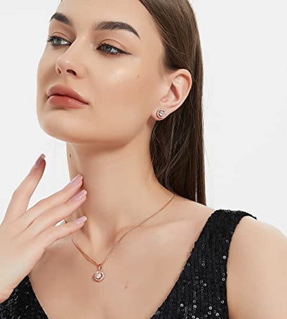 Bridesmaid Bride Wedding Jewelry Set - Round Cubic Zirconia | Earrings Necklace Bracelet Set, Hypoallergenic Prom Party Jewelry Gift for Her - color: Rose Gold