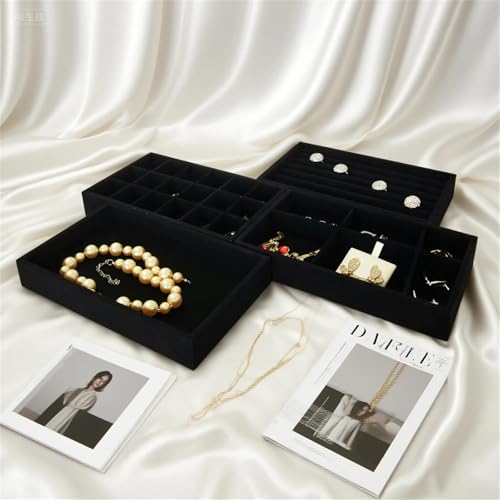 Stackable Jewelry Trays Velvet Drawer Organizer Inserts Tray Jewelry Storage Display Case for Rings,Stud Necklaces,Earrings (Black) - color: Black