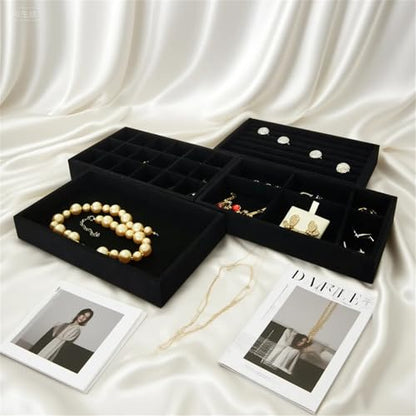 Stackable Jewelry Trays Velvet Drawer Organizer Inserts Tray Jewelry Storage Display Case for Rings,Stud Necklaces,Earrings (Black) - color: Black