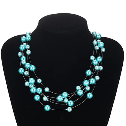 FULU AUTUMN Layered Pearl Necklace Multi-strand Pearl Choker Necklaces for Women Beaded jewelry for Wedding Parties - color: Turquoise