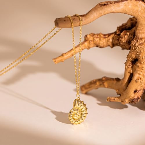 Dainty Gold Necklace: 14k Gold Plated Dianty Boots Bow Sun Moon Horse Evil Eye Conch Seahorse Necklace for Women 16.5"+2" - color: Nautilus