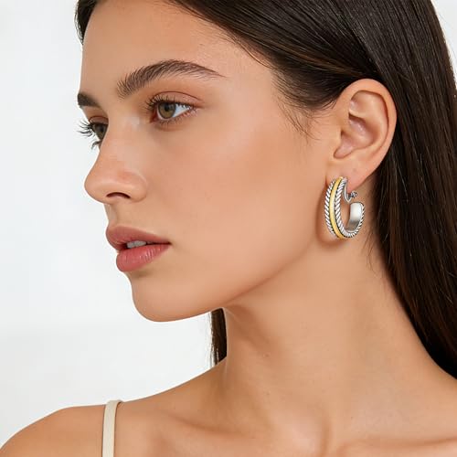 Clip on Earrings for Women Silver and Gold Plated Twisted Rope Hoops Non Pierced C Hoop Earring Lightweight Two Tone Clips Mixed Metal Jewelry Gifts - color: Twisted Hoop-silver&gold
