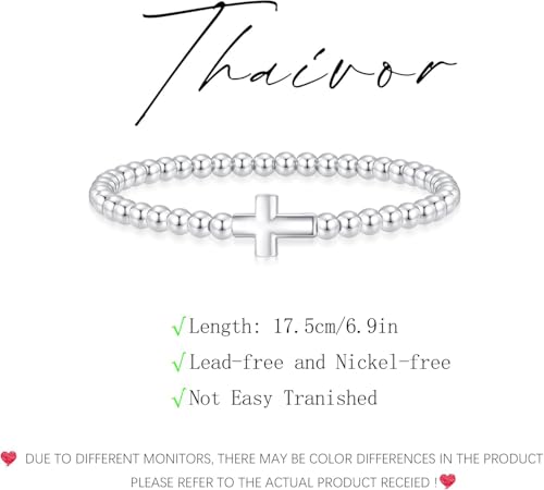 Beaded Bracelets for Women 14K Silver Gold Plated Stretch Handmade Ball Bracelets Cute Charm Bracelet Dainty Stackable Cross Heart Bow Wave CZ Circle Trendy Jewelry Easter Gifts - color: cross-silver