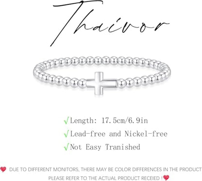Beaded Bracelets for Women 14K Silver Gold Plated Stretch Handmade Ball Bracelets Cute Charm Bracelet Dainty Stackable Cross Heart Bow Wave CZ Circle Trendy Jewelry Easter Gifts - color: cross-silver