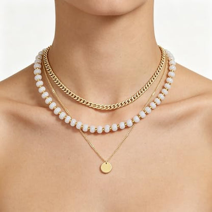 Layered Necklaces for Women Multicolor Gemstone Colorful Bead Choker With Chian Cute 14k Gold Round Pendant Summer Beach Boho Statement Jewelry Trendy Set