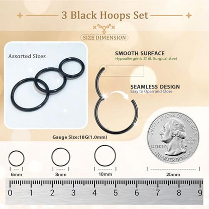 AMASIS Nose Rings and Nose Studs Set, Stainless Steel Hinged Nose Hoops and CZ Studs, Select Sizes and Styles for Nostril Septum Cartilage Piercing Jewelry - color: Black, size: 3-Piece Hoops,18Gauge,6/8/10mm