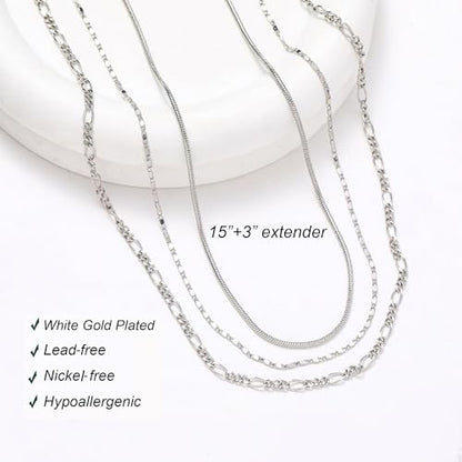 wgoud Gold Necklace for Women Waterproof,14K Real Gold Plated Herringbone Choker Necklace for Women Trendy, Dainty Gold Chain Necklaces Stack,Simple Layered Gold Necklaces for Women Jewelry Gifts - color: 3Pcs Silver Necklace A