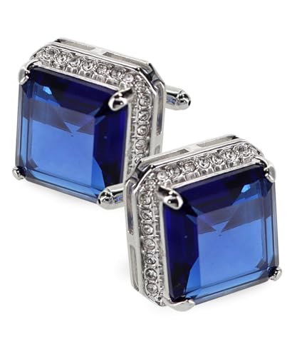 Large Big Square Crystal Color Stone Cuff Links for Men – Tuxedo Suit Accessories, Cufflinks for Men - style: Royal/Silver