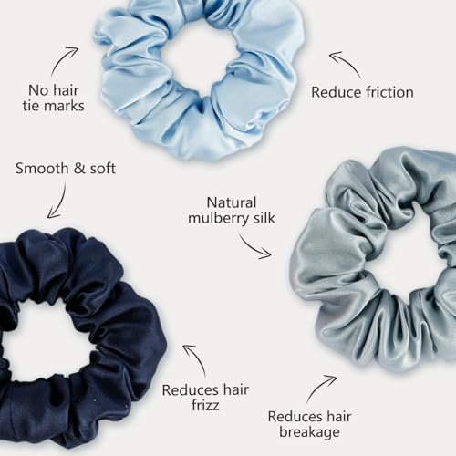 ZIMASILK 100% Pure Mulberry Silk Hair Scrunchies for Women | No Damage - Gentle Elastic Hair Ties for Ponytail Holder - Hair Accessories (3 Pack, Bluehaze, Navy Blue, Sky Blue) - color: Dusty Blue, Navy Blue, Sky Blue (3pcs)