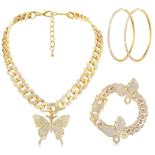 3 Pcs Butterfly Cuban Jewelry Set Cuban Link Chain Necklace for Women Rhinestone Pendant Necklace Bracelet Large Hoop - color: Bright Gold, style: Classic
