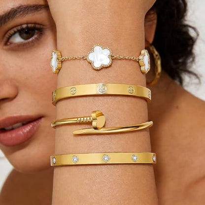 Stackable Gold Bracelets for Women - 4 Sets, 18K Gold Plated Bracelets, Stainless Steel Bangle Bracelets Non-Tarnish, Stylish Gold Jewelry Ensemble, Valentine's Day, Birthday and Christmas Jewelry Gifts - color: A6-(Gold 4Sets)