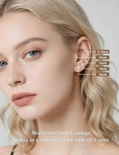 5 Pairs Moissanite Sterling Silver Stud Earrings Set for Women, Hypoallergenic, 2mm, 3mm, 4mm, 5mm - color: 14K Gold