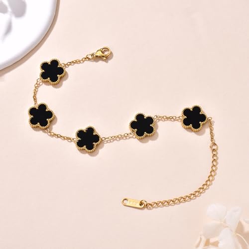 FLY FEI 18K Gold-Plated Four Leaf Clover Bracelet for Women,Adjustable lucky Bracelet Set Jewelry Gift-Hypoallergenic Charm for Birthdays, Wellness & Daily Wear - color: style01-Black