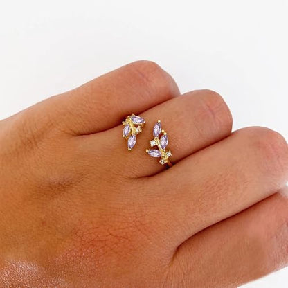 Gold Rings Non Tarnish Silver Adjustable Rings for Women Cubic Zirconia Leaf Ring Dainty Silver Stackable Ring for Women - style: purple