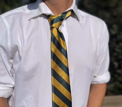 tiemart Men's Striped Tie Standard Length - color: Hunter Green and Gold