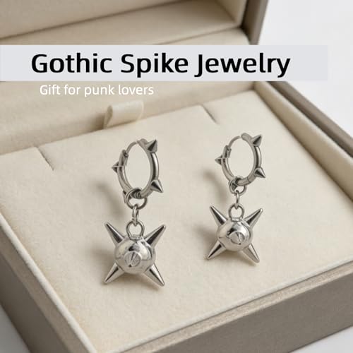 Goth Spiked Morning Star Earrings, 3D Stainless Steel Punk Dangle Huggie Earrings, Unisex Edgy Gothic Spike Jewelry for Women & Men