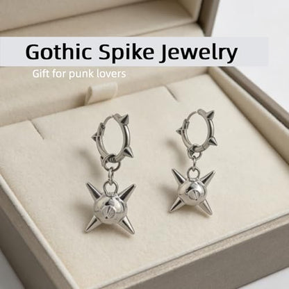 Goth Spiked Morning Star Earrings, 3D Stainless Steel Punk Dangle Huggie Earrings, Unisex Edgy Gothic Spike Jewelry for Women & Men