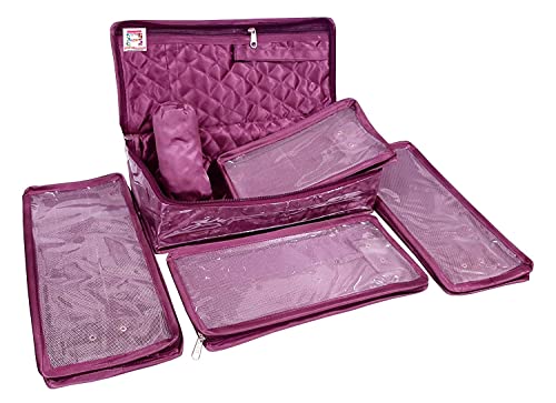 atorakushon Combo Satin Purple Make-Up Pouch Jewellery Box 4 Pouch 1 roll Bangle Bag with Velvet Cream Ring & Earring Folder Jewellery Organizer/Storage Box - style: Combo Jewelry Pouch + Ring Box + 1 Eaering Folder Box