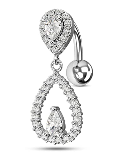 Top Down Belly Button Rings 14g Cute CZ Heart Belly Button Rings for Women Dangle Tear Drop Belly Ring Belly Piercing Jewelry - color: Silver