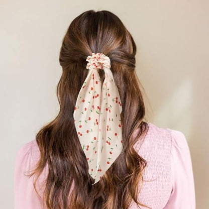 6 PCS Bow Silk Scrunchies, Hair Ties with Bows, Hair Scarf Scrunchies | Knotted Scrunchie Bow for Women, Satin Hair Ribbon Elastic Hair Tie Hair Accessories, Long, Cherry Pink - color: Cherry-Pink