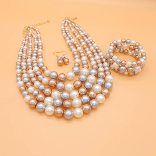 Faux Big Pearl Srand Necklaces for Women 5 Layers Pearls Choker Bib Collar Necklace Bracelet and Earrings set 1920s Costume Pearl Jewelry Bridal Wedding - color: colorful champagne