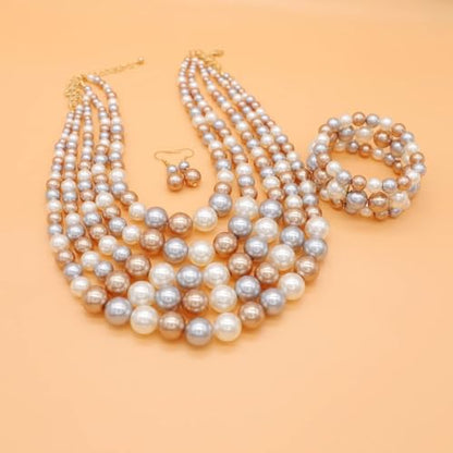 Faux Big Pearl Srand Necklaces for Women 5 Layers Pearls Choker Bib Collar Necklace Bracelet and Earrings set 1920s Costume Pearl Jewelry Bridal Wedding - color: colorful champagne