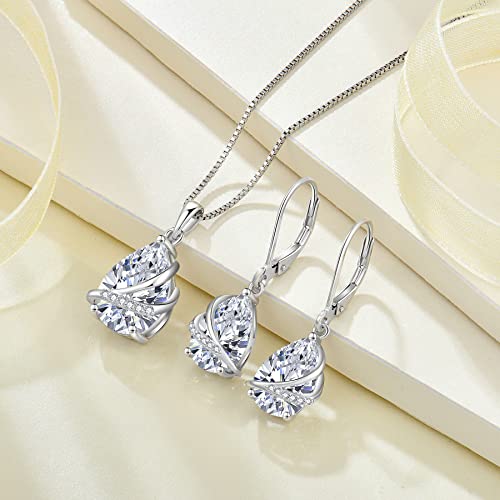 Birthstone Pendant Necklace 925 Sterling Silver Teardrop Jewelry for Women - color: Clear White