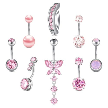 Briana Williams Belly Button Ring Belly Rings Belly Button Piercing Gold Belly Button Ring for Women Clicker Belly Ring Belly Piercing Stainless Steel 14g 10mm Blley Navel Rings Piercing Jewelry - color: F6 -8pcs, silver
