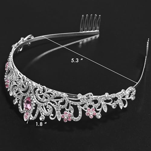 TAROSE Tiaras for Women, Birthday Crown and Sash for Girls | Birthday Sash Sunglasses Outfit, Birthday Gift for Women Girls, Goddess Crown Bride/Halloween/Prom/Party/Costume - color: 1 H. Silver+single Pink