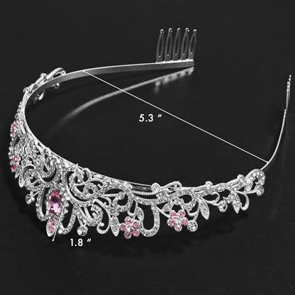 TAROSE Tiaras for Women, Birthday Crown and Sash for Girls | Birthday Sash Sunglasses Outfit, Birthday Gift for Women Girls, Goddess Crown Bride/Halloween/Prom/Party/Costume - color: 1 H. Silver+single Pink