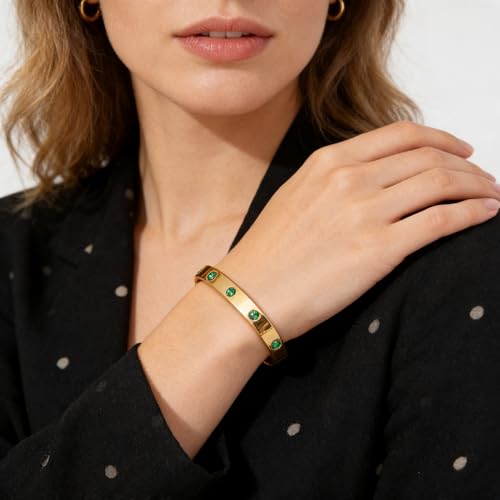 Gold Plated Stainless Steel Bangle Bracelet for Women Green Crystals Cuff | Minimalist Stacking Wristband Gift for Everyday and Formal Dress Wear