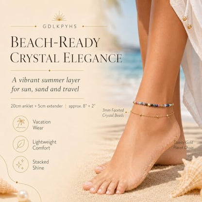 2Pcs Beaded Anklets for Women, Natural Stone Bead Ankle Bracelets with 14K Gold Plated Chain, Waterproof Adjustable Layered Anklet Set, Boho Beach Summer Jewelry Gift - color: Rainbow Crystal