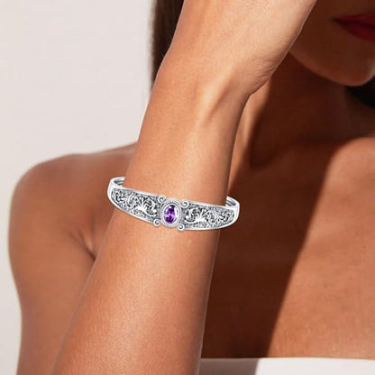 Genuine Amethyst Cuff Bracelet, 925 Sterling Silver Vintage Filigree Engraved Open Bangle Purple Gemstone Boho Jewelry February Birthstone Gift for Women - style: Style B