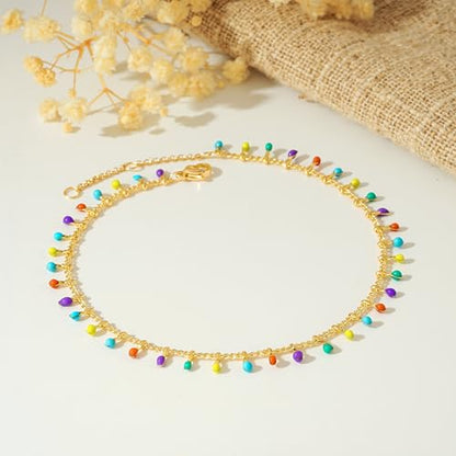 Gold Anklets for Women 14K Gold Plated Tiny Bead Anklet Colorful Tassel Foot Chain Dainty Adjustable Cute Summer Beach Boho Anklets Jewelry Gift - color: colorful tassel